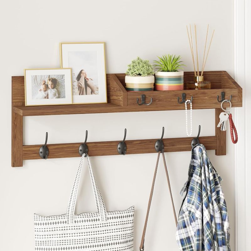 View 1 of AMBIRD Wall Hooks with Shelf, 26.57 Inch Entryway Wood Coat Hooks for Wall with Shelf, Coat Rack Wall Mount with 5 Dual Hooks 3 Key Hooks Mail Organizer and Key Rack Holder (Brown)