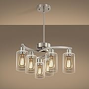 View 1 of 6 Light Farmhouse Brushed Nickel Chandelier,21.7" Modern Chandeliers for Dining Room Light Fixtures Over Table,Pendant Lights Kitchen Island,Metal Bracket with Downward Clear Glass Shade