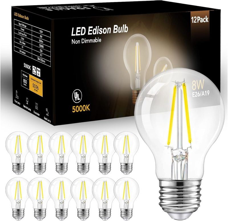 Photo 1 of dalattin A19 Vintage LED Edison Bulbs, 60W Equivalent Light Bulbs, 5000K Daylight White, Clear Glass Filament Bulb, Efficient 8W, E26 Base, 800 LM, CRI80+, Non-Dimmable for Home, Farmhouse, 12 Pack