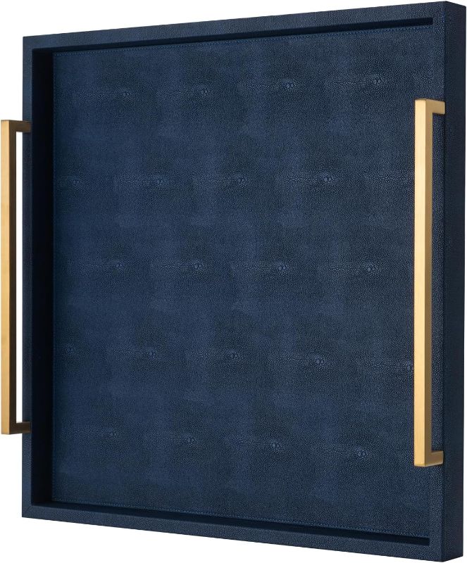 Photo 1 of Large Navy Blue Decorative Tray for Ottoman,Stylish Rectangle Coffee Table Tray with Handles,Versatile Serving Tray for Living Room and Home Decor
