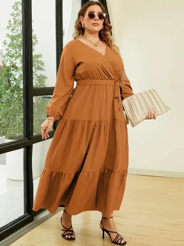 Photo 1 of Size 3XL Plus Size Solid Surplice Neck Wrap Dress, Casual Lantern Sleeve Layered Ruffle Hem Dress For Spring & Fall, Women's Plus Size Clothing