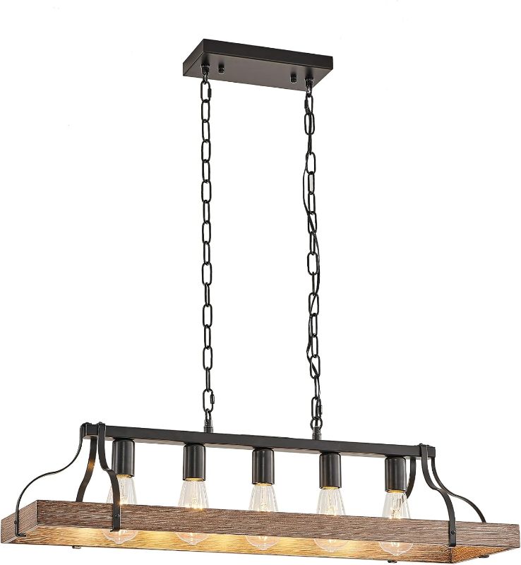 Photo 1 of 5-Light Farmhouse Pot Rack Chandelier, Rustic Kitchen Island Lighting, Industrial Linear Light Fixture for Dining Room with Wood Accent, Hanging Ceiling Pan Rack (Walnut)