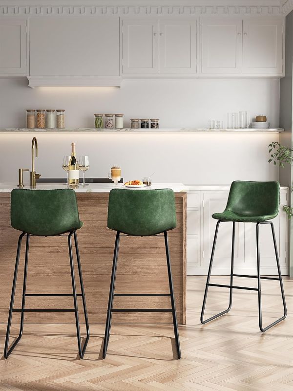 Photo 1 of Bar Stools Set of 3, 30 Inches Counter Height Bar Stools with Back, Modern Faux Leather Barstools with Metal Legs and Footrest, Bar Chairs for Kitchens Island (Green)