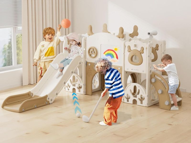Photo 1 of YUFU 13 in 1 Kids Slide for Toddlers, Toddler Slide Playset with Golf, Drawing Board, Climber, Basketball Hoop and Storage Space, Indoor Outdoor Toddler Playground for Kids Age 1-3 (Brown)