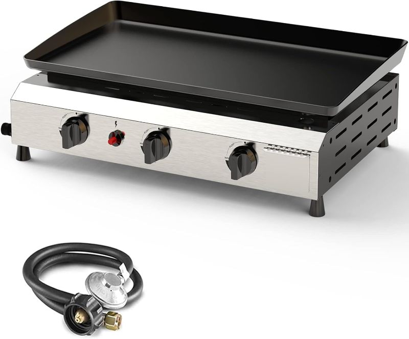 Photo 1 of 3 Burner BBQ Gas Griddle, 25.6 Inch Stainless Steel Tabletop Portable Propane Griddle, 30,000 BTU Flat Top Grill for Camping