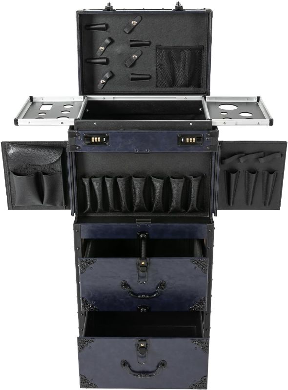 Photo 1 of Professional Barber Case with Wheels,Rolling Nail Case,Rolling Makeup Cases with Wheels & Drawers, Salon Barber Cases Traveling Cart Trunk for Makeup Artist and Hairstylist