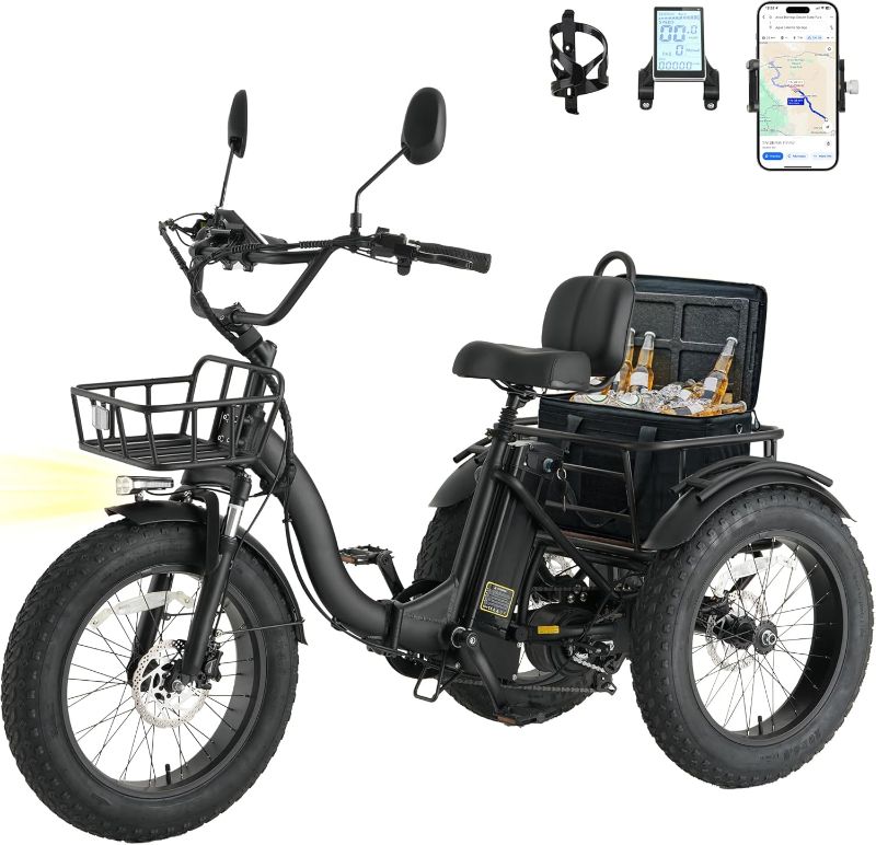 Photo 1 of Skeri Electric Tricycle for Adults, 750W(Peak 1350W) Motor Etrike, 20"x4" Folding Fat Tire Electric Trike, 48V13Ah Battery, 3-Wheel Electric Bike, 20MPH, Front & Rear Basket & Differential