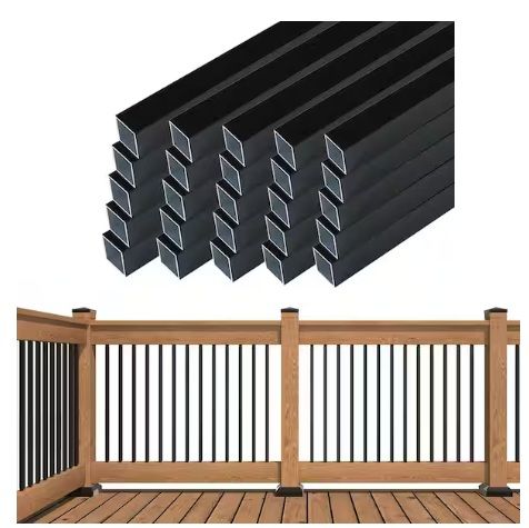 Photo 1 of 26 in. H x 0.75 in. W Black Aluminum Square Deck Baluster Railing Kit for Porch and Fencing 25-Pack