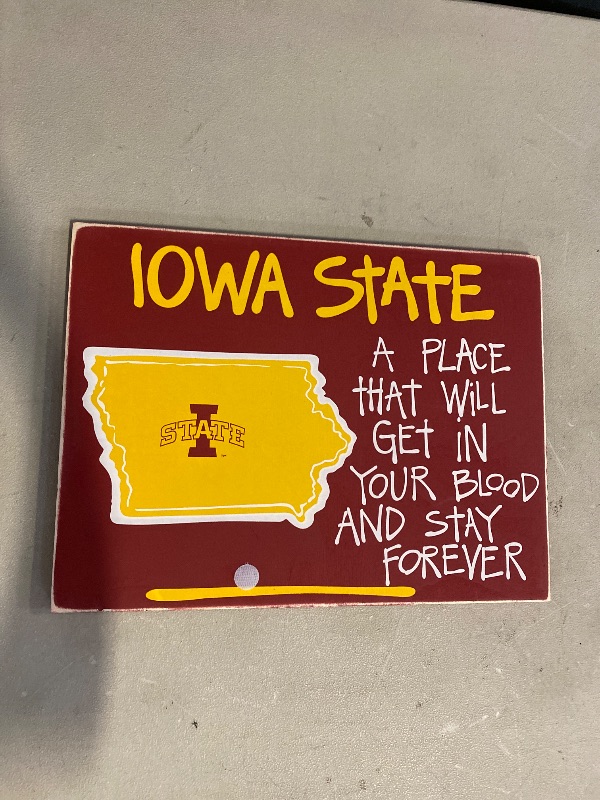 Photo 1 of  Iowa State University decorative wall sign featuring a map of Iowa and the school's team logo. 