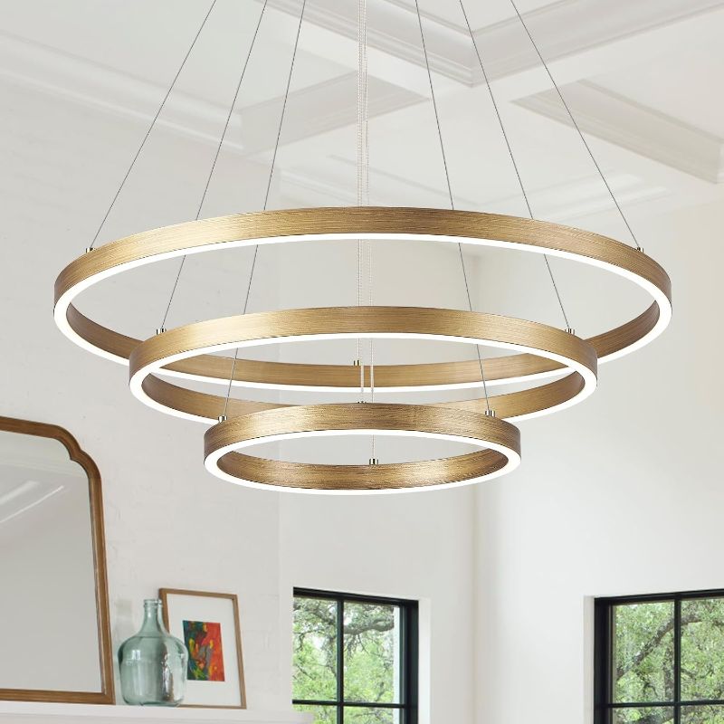 Photo 1 of LED 3-Ring Chandelier Gold Dimmable Modern Pendant Light with Remote Control Vintage Brass LED Circle Chandelier for Dining Room Entry Foyer Bedroom Living Room,75W