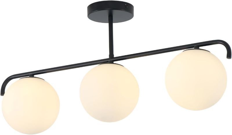 Photo 1 of 3 Lights Modern Linear Black Chandelier with White Globe Glass Shade,27.3 Inches Chandelier Ceiling Light for Bedroom Kitchen Island,G4 Bulb Base