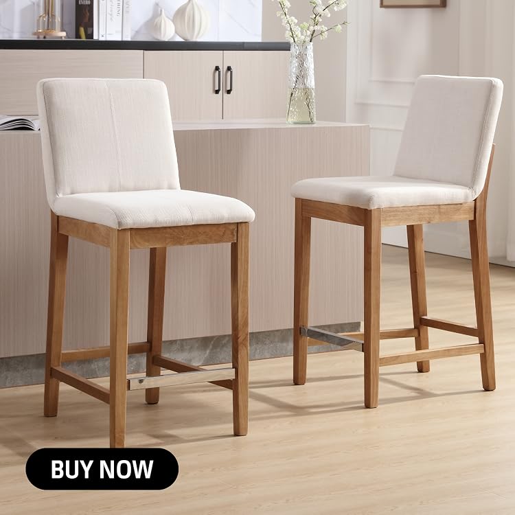 Photo 1 of chairus 26" Modern Counter Height Bar Stools Set of 2, Farmhouse Linen Upholstered Counter Stools with Back & Metal Footrest, Wooden Kitchen Island Bar Chairs, Beige