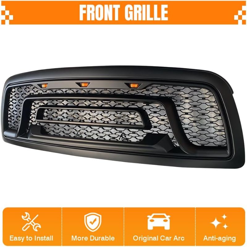 Photo 1 of Grille, Compatible with 2009-2012 Dodge Ram 1500, Plastic Front Bumper Upper Grill Grid Replacement Guard with Signal Lights, Matte Black