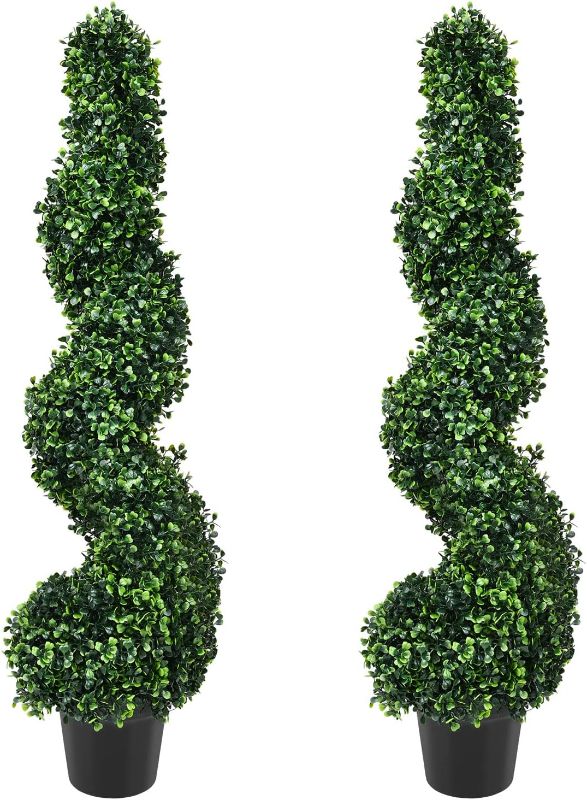 Photo 1 of 3 Ft Artificial Cypress Spiral Topiary Trees Clearance, 2 Pack Potted Topiary Tree Indoor or Outdoor Spiral Boxwood Trees Front Door Decor