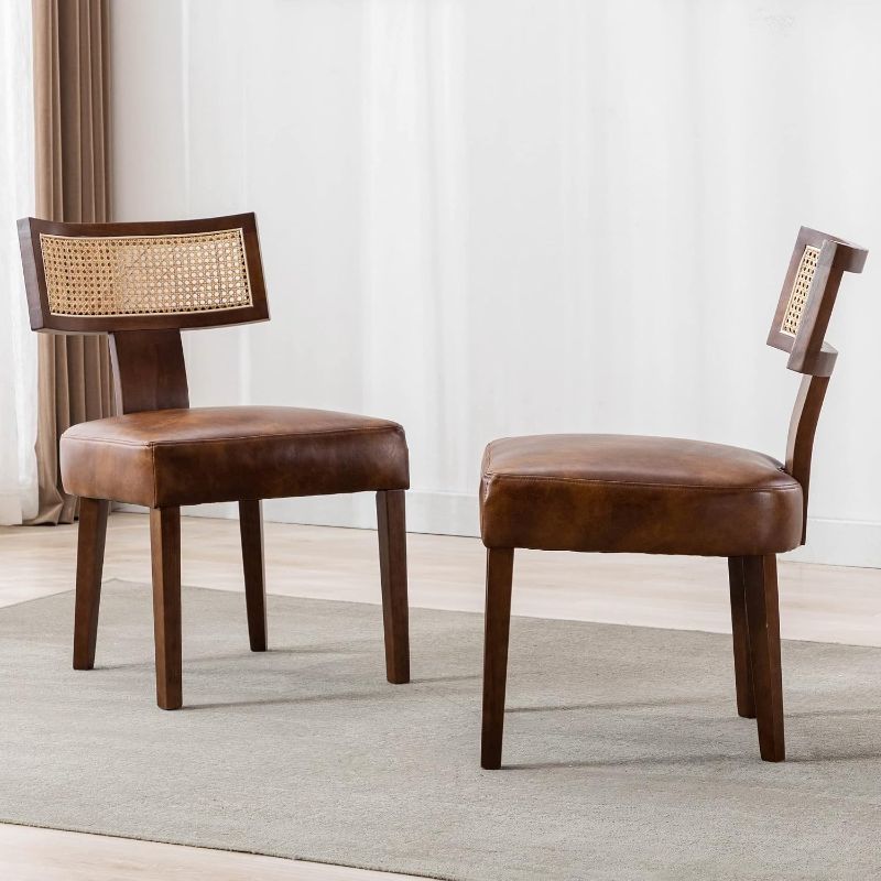 Photo 1 of Modern Rattan Back Dining Chairs Set of 2 Rattan Kitchen Chairs PU Leather Upholstered Side Chairs, Modern Kitchen Armless Solid Wood Dining Chairs, Brown