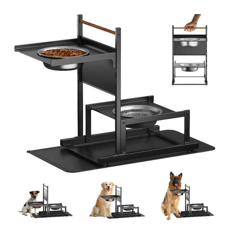 Photo 1 of 6 Height Adjustable Raised Dog Bowl Stand, Metal Elevated Dog Bowls for Medium Dogs with Independent Dog Feeding Mat, Dog Food Stands, Dog Feeder Station for Medium Small Dog (Black)