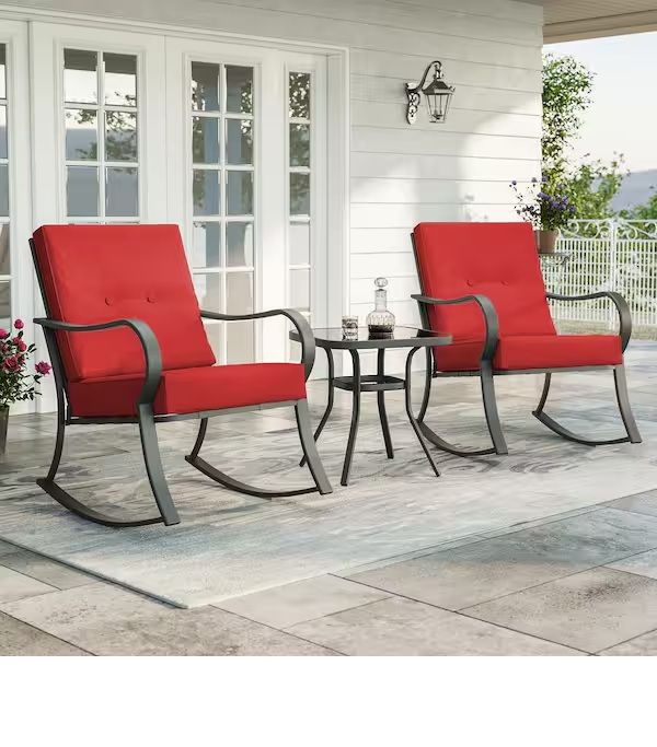 Photo 1 of 3-Piece Patio Bistro Set Steel Frame Rocking Chair With Sponge Red Cushions and Tempered glass table