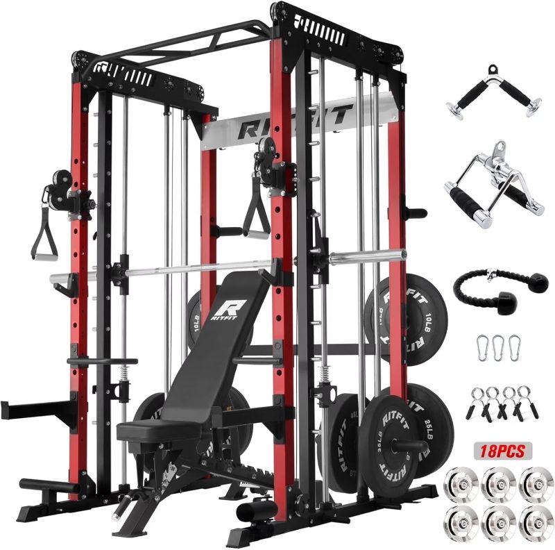 Photo 1 of Box 2/4 ONLY of  RitFit M1 Pro Smith Machine with Cable Crossover System, Multi-Function Squat Rack Power Cage for Home Gym, Power Rack and Packages with Weight Bench and Plates Set?Red, BP 170 Package