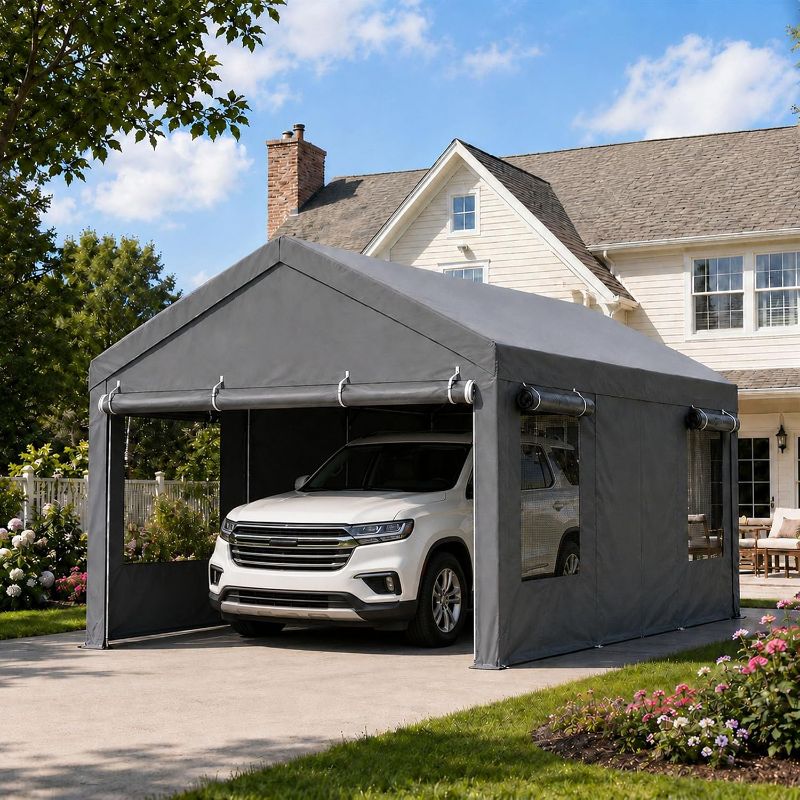 Photo 1 of 12x20 FT Heavy Duty Carport Canopy, Portable Carport with Roll-Up Mesh Windows & Removable Sidewalls, All-Weather Shelter for SUV, Truck, Boat, Gray