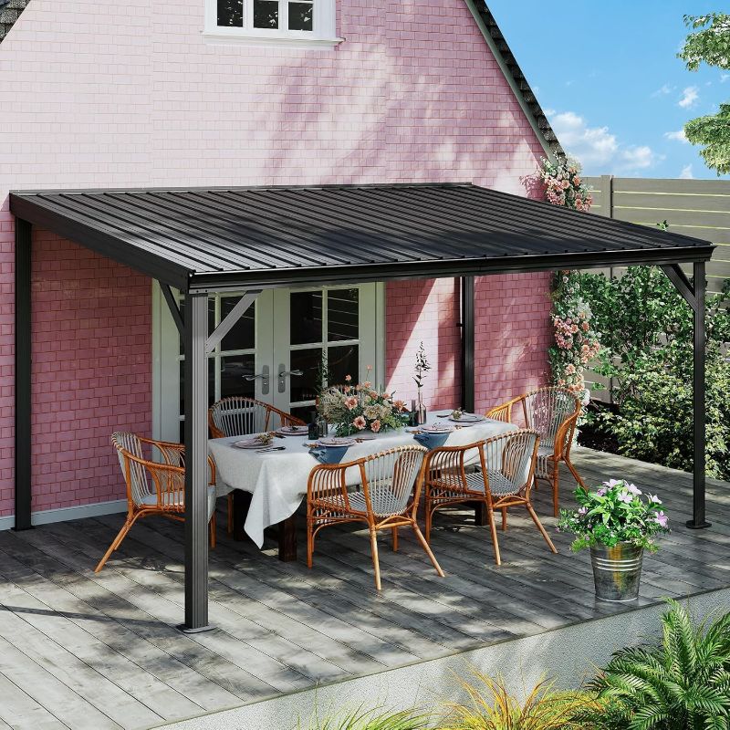 Photo 1 of Domi 82.1 x 12.6 x 8.9 Lean-to Gazebo, Hardtop Wall-Mounted Gazebo Pergola with Sloping Galvanized Steel Roof and Upgraded Drainage System, Outdoor Permanent Metal Shelters for Patio Backyard Deck, Grey