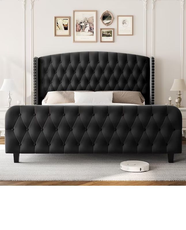 Photo 1 of Garvee King Size Velvet Upholstered Platform Bed Frames with Strong Wood Slats Support and Tall Wingback Headboard/ Noise Free No Box Spring Needed Black