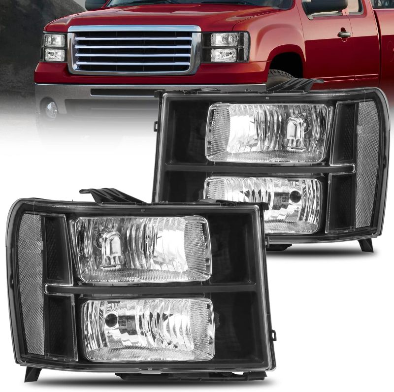 Photo 1 of MOSTPLUS Headlight Assembly Compatible with 2007-2013 GMC Sierra 1500 2500HD 3500HD Front Lamp with Black Housing/Clear Lens/Clear Reflector
