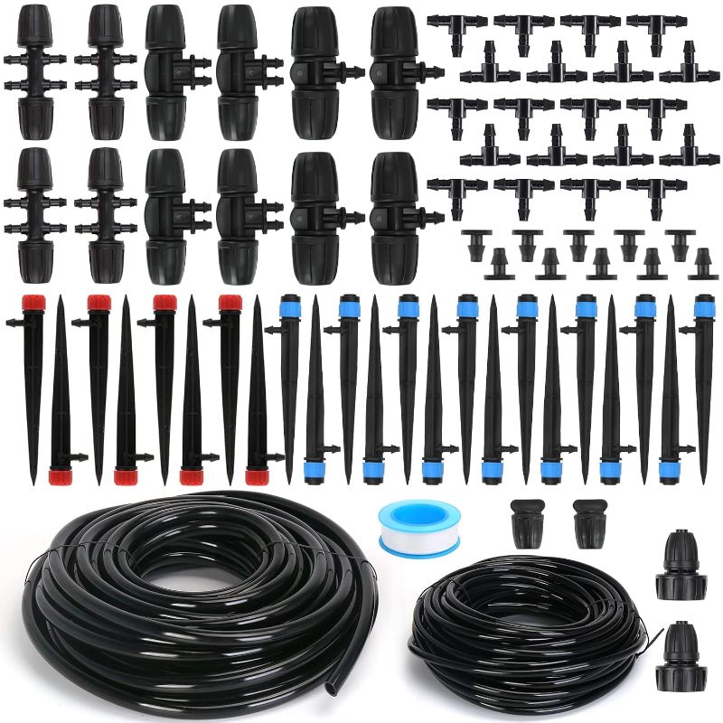 Photo 1 of Drip Irrigation Kit, 100FT Garden Watering System Automatic Irrigation Equipment with 1/4 inch & 3/8 inch Blank Distribution Tubing, DIY Greenhouse Micro Drip Irrigation Kit for Garden, Greenhouse, Flower Bed, Lawn