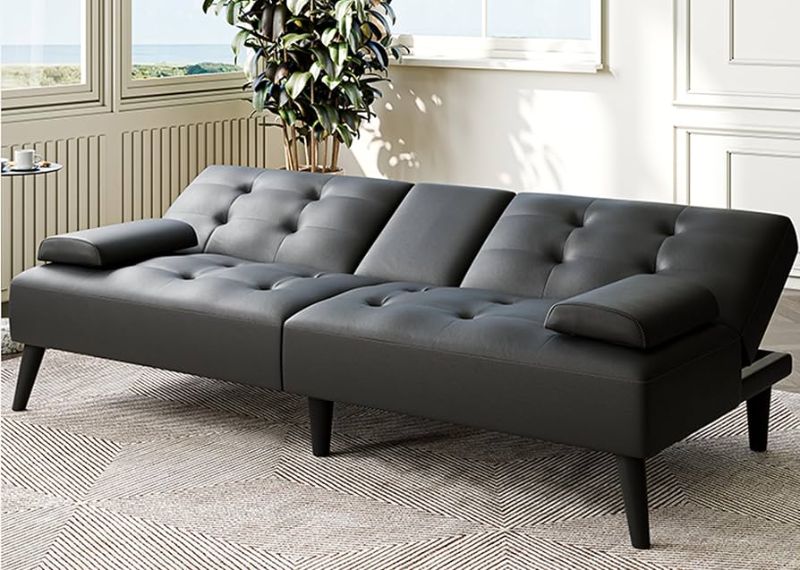 Photo 1 of Futon Sofa Bed Couch, Small Futon Set, 64" Convertible Sofa Bed for Living Room Office, 2 Cup Holders, Removable Armrest, 3 Angles Backrest, 5.3 FT (PU Leather, Black)