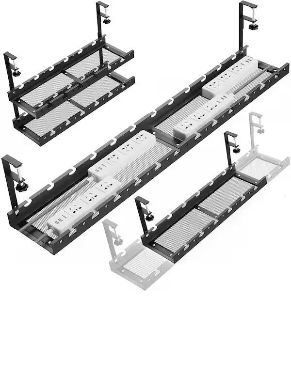 Photo 1 of 16Inch Extendable Under Desk Cable Management Tray with Clamp No Drilling Metal Cord Holder Wire Organizer in Black