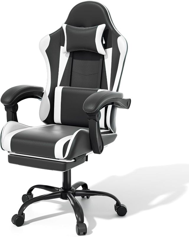 Photo 1 of (Parts For )Gaming Chair with Headrest & Lumbar Support Ergonomic Computer Racing Chair with Footrest, Adjustable Hight Leather Swivel Computer Chair for Adult Teen Office or Gaming, White