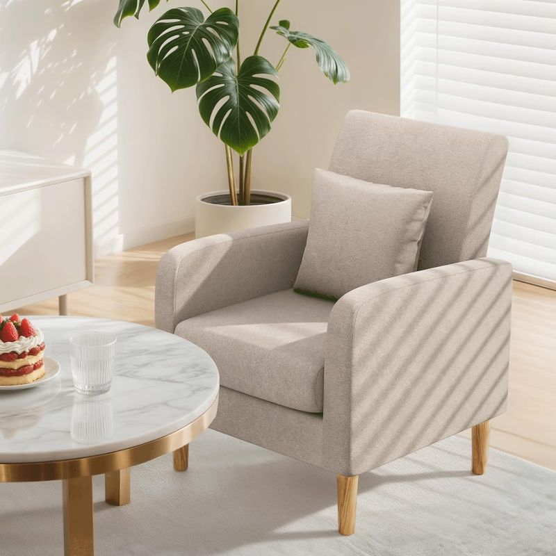 Photo 1 of Athena Collection Armchair Modern Accent Chair Upholstered Sofa Chair with High Back, Linen Lounge Living Room Chair Single Reading Seat with Pillow & Thick Seat Cushion for Bedroom, Beige