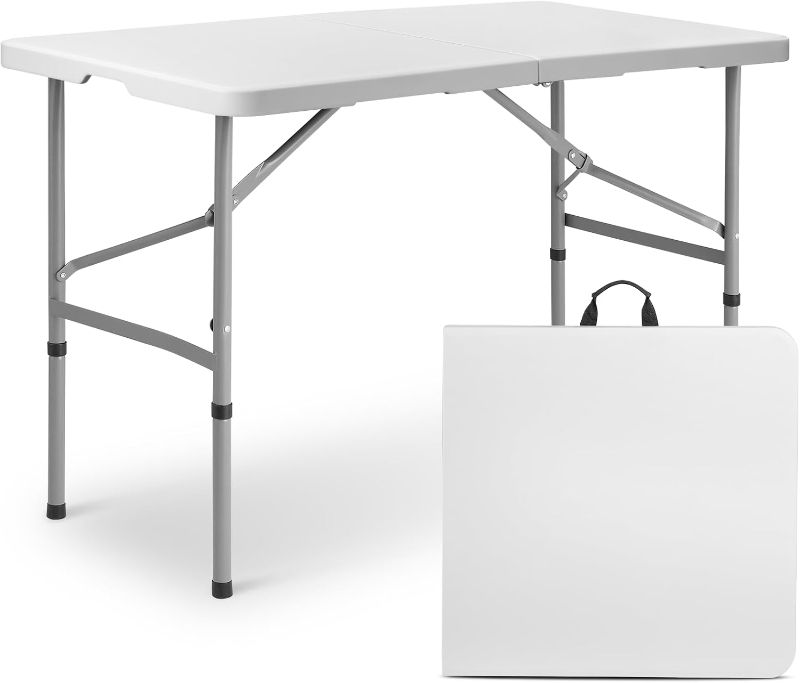 Photo 1 of 4Ft Folding Card Table, Outdoor Foldable Small Portable Plastic Dining Picnic Cookout Table w/Height Adjustable and Handle, White