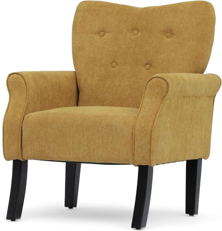 Photo 1 of Athena Collection Mid Century Modern Chair for Living Room, Upholstered Wingback Reading Chair for Adults, Comfy Linen Fabric Armchair with Wooden Legs for Bedroom, Dorm, Balcony, Yellow