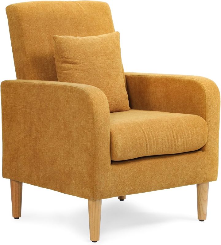 Photo 1 of Athena Collection Mid Century Modern Chair for Living Room, Upholstered Wingback Reading Chair for Adults, Comfy Linen Fabric Armchair with Wooden Legs for Bedroom, Dorm, Balcony, Yellow
