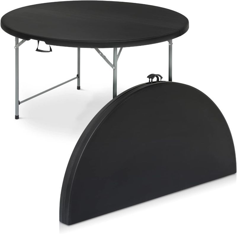 Photo 1 of 4.5 Ft Round Folding Table, Indoor Outdoor Plastic Dining Card Table with Handle and Lock for Picnic Party Banquet Wedding, Black