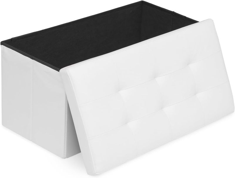 Photo 1 of 30" Storage Ottoman Bench Folding Bench with 90L Hidden Storage, Large End of Bed Bench PU Leather Foot Rest Stool Chest with Flipping Lid for Living Room, Bedroom, Entryway, White