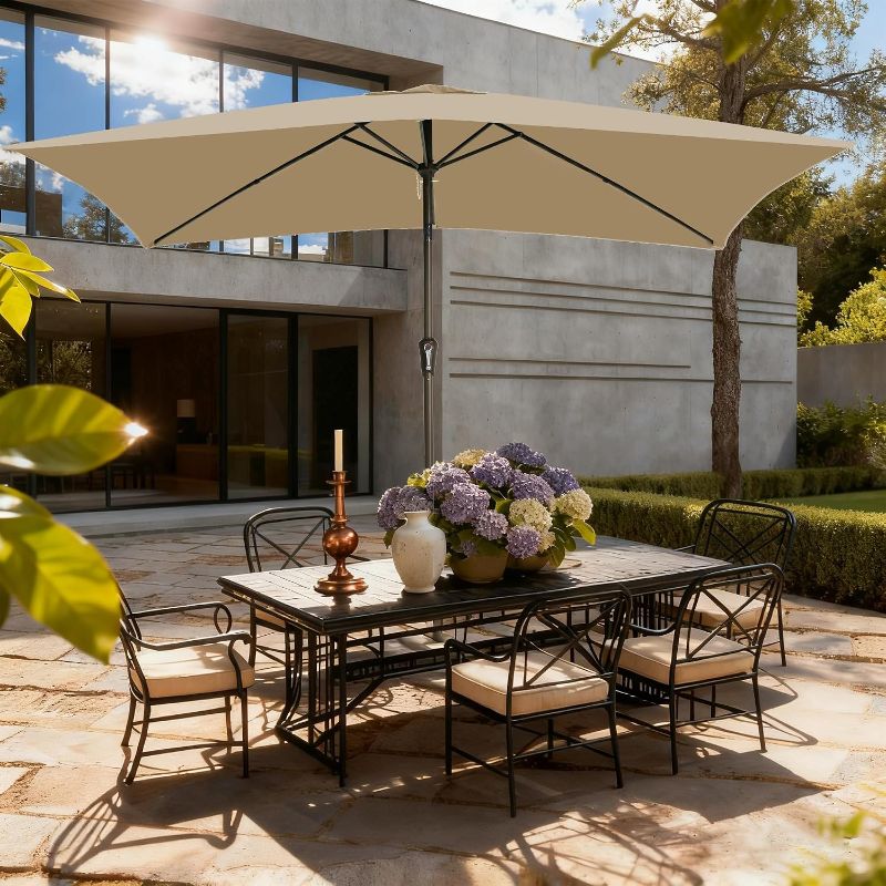 Photo 1 of 6.5 Rectangular Patio Umbrella Outdoor Table Umbrella Beige | 6.5*10' Rectangular umbrella, crank & tilt, 6 ribs,UV50+ canopy. Wind fade resistant. Suitable for patio, deck, pool.