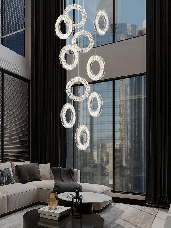 Photo 1 of ykolupty 10-Lights Foyer Chandelier Modern LED High Ceiling Light Modern Round Chandelier Crystal Pendant Light for Living Room Staircaes Entryway Silver