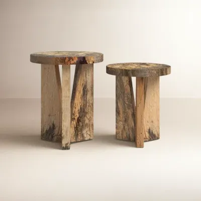 Photo 1 of The Nadette Nesting Tables feature a beautifully striking set of two with strong angular lines and distinctive organic patterns that add unique character to any room. Showcasing perfectly round, smooth tops supported by bold, geometric interlocking bases,