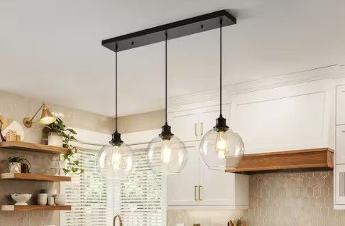 Photo 1 of Glazure 3-Light Matte Black Contemporary Clear Glass Globes Linear Island Pendant Light