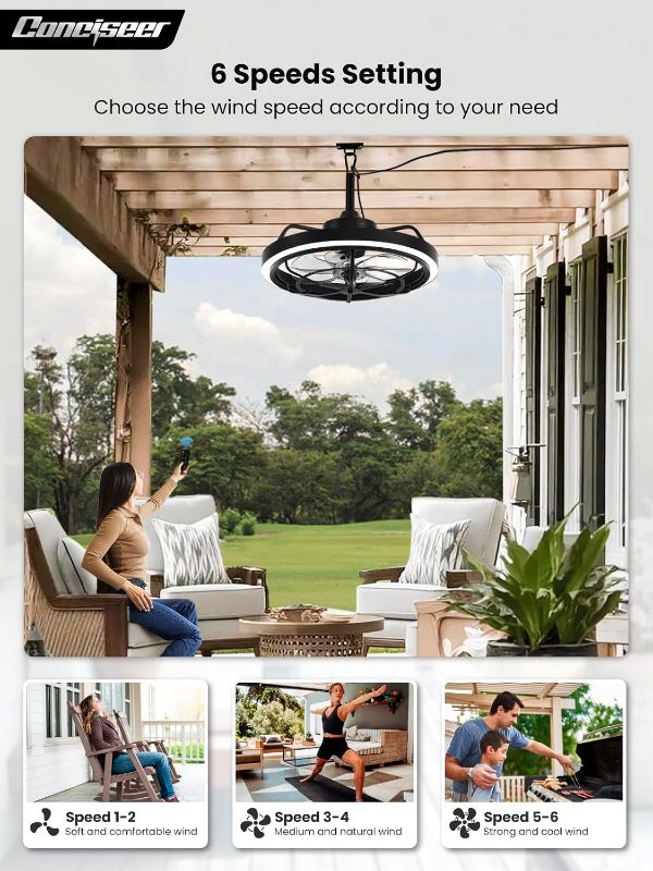 Photo 1 of Conciseer Outdoor Ceiling Fan with Light for Patio, 20" Waterproof All-Weather Plug-in Hanging Fan, Smart APP/Remote Control, 3CCT Dimmable LED, Caged Design for Gazebo, Pergola, Porch