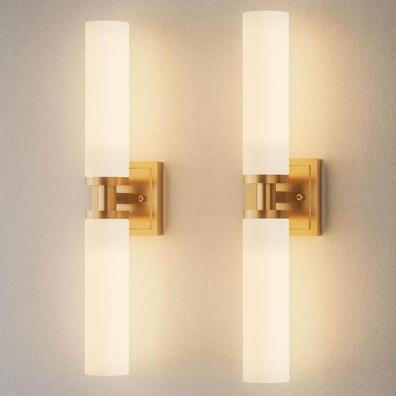 Photo 1 of Gold Wall Sconces Set of Two, Bathroom Sconces with Frosted Glass Shade, Modern Vanity Sconces Lighting over Mirror, Wall Light Fixtures for Living Room Bedroom Hallway (Bulbs Not Included)