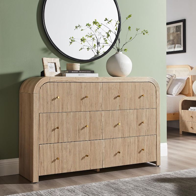 Photo 1 of T4TREAM 54" Modern Fluted 6 Drawers Dresser for Bedroom, Natural Oak | Modern Chest of Drawers with Thickened Rounded Curved Profile Design, Wood Dresser TV Stand for Bedroom, Living Room, Hallway