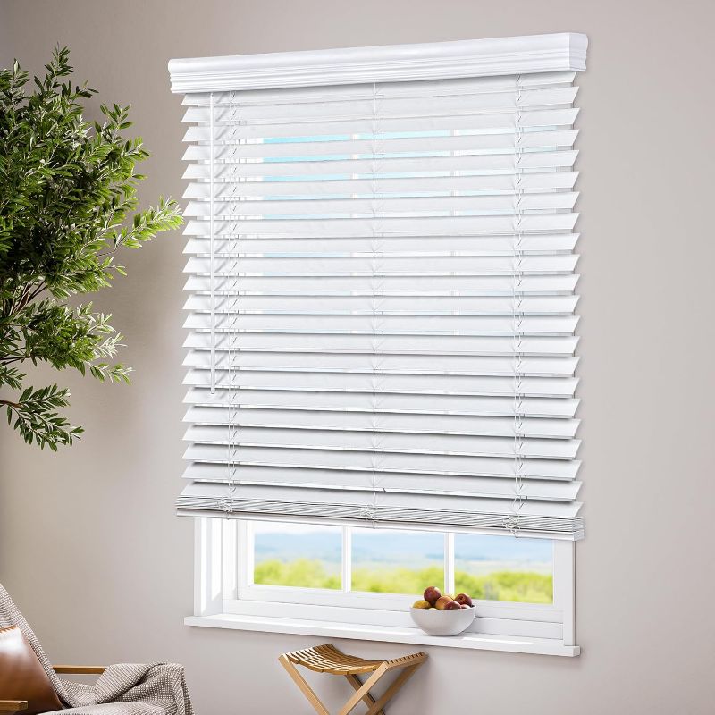 Photo 1 of LazBlinds Cordless Faux Wood Blinds, 70" W x 72" H, White | Room Darkening & Light Control, 2 Inch Horizontal Window Blinds with Crown Valance, Blinds for Indoor Windows