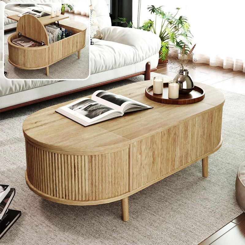 Photo 1 of Minimalist Oval Lift Top Coffee Table with Hidden Storage Compartment, Wood Wave Grain Finish Center Table Featuring Raising Mechanism for Living Room (Acaciawood)