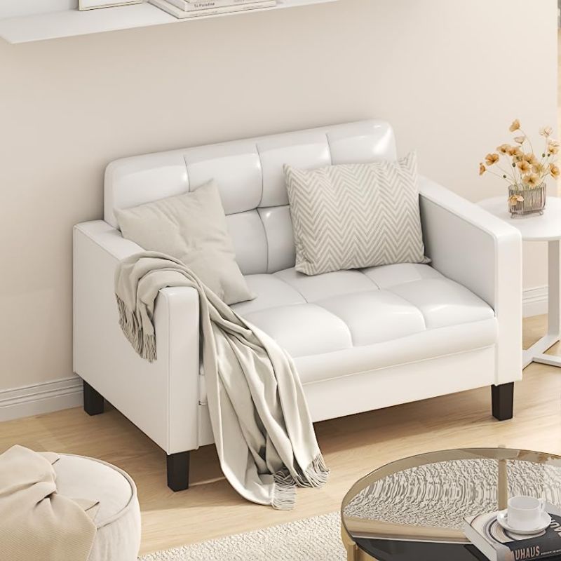 Photo 1 of Furinno BRIVE Loveseat Sofa, Tufted Leather Upholstered 2-Seater 54" Wide Couch, Wood Frame, Easy Assembly, for Living Room, Bedroom