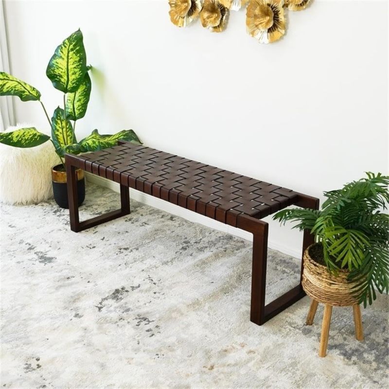Photo 1 of Pemberly Row Mid-Century Rectangular Genuine Leather Upholstered Bench, Tan Upholstery, Walnut-Stained Teak Frame, 47 in Wide, Solid Wood Legs, Stylish Living Room Bedroom Office Seating