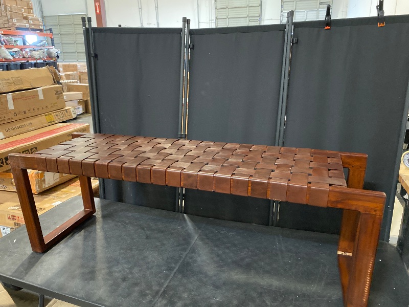 Photo 1 of Pemberly Row Mid-Century Rectangular Genuine Leather Upholstered Bench, Tan Upholstery, Walnut-Stained Teak Frame, 47 in Wide, Solid Wood Legs, Stylish Living Room Bedroom Office Seating