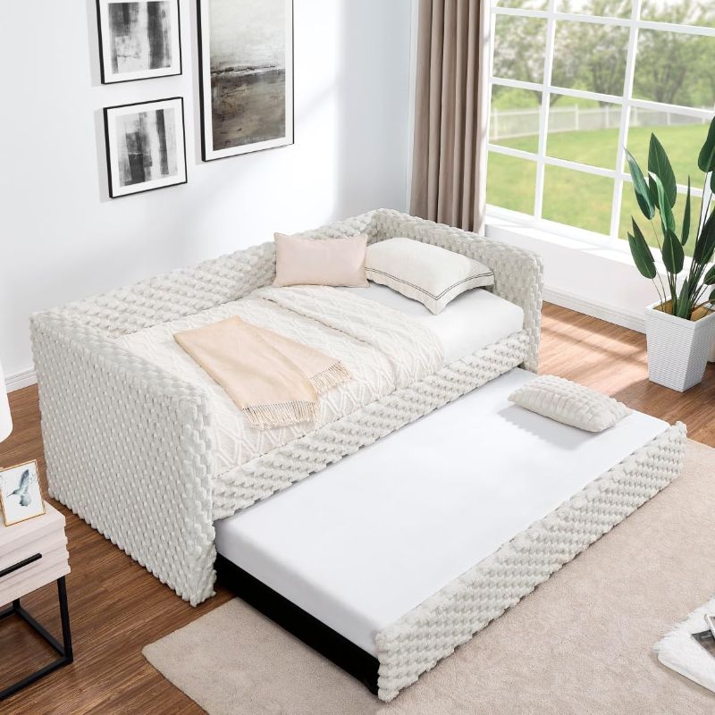 Photo 1 of Twin Size Daybed with Trundle, Plush Plaid Corduroy Upholstery Daybed, Twin Pull Out Sofa Bed, Modern Day Bed for Living Room, Bedroom, Easy to Assemble, White.