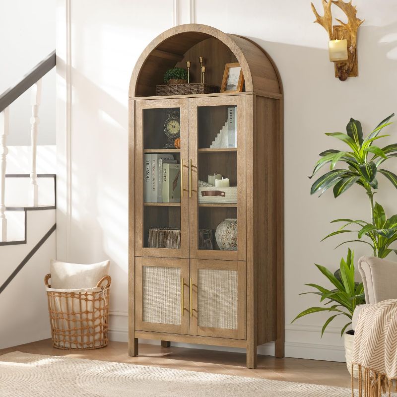 Photo 1 of 71" Tall Arched Display Cabinet with Glass Doors, 5-Tier Bookshelf | Modern Farmhouse Arched Bookcase ,Adjustable Shelves,Wooden Kitchen Pantry Cabinet for Living Room, Office, Caramel Oak